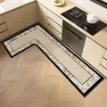 L-shaped kitchen floor mat with linen texture and floral border in a modern home - Custom Size / Fateng Style - Right