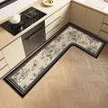 L-shaped kitchen floor mat featuring vintage floral and butterfly patterns on linen. - Custom Size / Ink Butterfly Style - Left