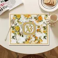 Elegant floral leather placemat featuring a vintage oval Happy logo for dining - 30*40cm / Yellow Floral