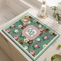 Alfombrilla de secado floral de cuero PVC absorbente para fregadero y tazas de café - 30*40cm / Rosa Cián (Estilo-2)