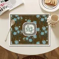 Luxury Nordic brown leather table mat featuring blue floral pattern and smile slogan - 30*40cm / Blue Floral Dark Brown