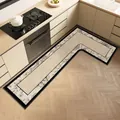 L-shaped woven linen kitchen mat with vintage floral border and anti-slip backing - Custom Size / Fateng Style - Left