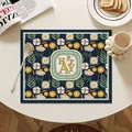 Premium Nordic leather placemat featuring navy floral daisy print and central emblem - Deep Blue Daisy (Style 5)