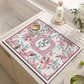 Absorbent floral PVC leather kitchen drying mat with BEAUTY text design for countertop - 30*40cm / Pink Floral (Style-9)