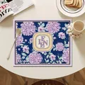 Premium Nordic leather placemat featuring a purple hydrangea floral pattern and central text - Dark Blue Hydrangea Floral (Style-8)
