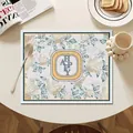 Elegant Nordic leather dining placemat featuring vintage floral patterns and emblem - Blue and Yellow Floral Style-10