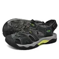 Breathable men's closed-toe leather hiking sandals in dark grey with green accents - 38 / Gray
