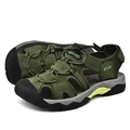 Men's olive green outdoor closed-toe trekking sandals with breathable mesh panels and sturdy sole - 38 / Green