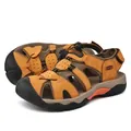 Men's breathable closed-toe leather outdoor hiking sandals in tan with durable rubber sole - Gold Yellow