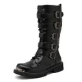 Men's black punk style high-top motorcycle boots with 5 buckle straps and laces - 38 / Black