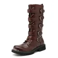 Vintage brown high-top motorcycle boots for men featuring multiple metal buckles and straps - 38 / Brown