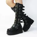 Detail of black platform boots featuring multiple metallic buckles and a thick sole. - 35 / Metal Buckle Martin Boots (325) / Black