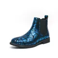 Premium blau metallisch gemusterte Chelsea-Boots für Herren mit stilvollem spitzem Design. - 38 / Vintage Floral Blaue Chelsea-Boots / Blau (9555)