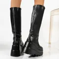 Gothic style black platform boots with wedge heel and full length rear zipper back view - 38 / Rear Zipper Without Laces / Black