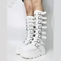 Stylish white punk style platform knee high boots featuring multiple metal buckles for women - 35 / White