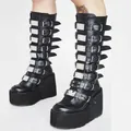 Punk style black tall platform boots with 11cm wedge heel and multiple metal buckles. - 35 / Black Matte