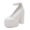 Detailed macro view of white platform high heel shoe featuring an adjustable ankle strap - 35 / White
