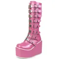 Pink punk style knee-high leather boots featuring metal buckles and 11cm wedge platform - 35 / Pink