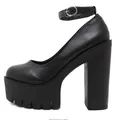Detailed side view of gothic black 14cm platform high heel shoe with adjustable ankle strap - 38 / Lychee Pattern Surface (Matte) / Black
