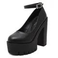 Detailed view of fashionable black 14cm platform high heel pumps with an ankle strap. - 35 / Black