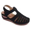 Elegant black hollow-out wedge sandals with comfortable round toe for women - 34 / Black