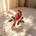 Detailed view of red cardinal bird brooch with rhinestones on lace background - Red Auspicious Bird (MX1101)