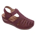 Elegant burgundy women's hollow-out wedge sandals with a round toe and velcro strap - 34 / Purple