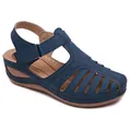 Comfortable navy blue women's wedge sandals featuring a stylish hollowed-out round toe design - 34 / Blue