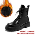 High-top men's black patent leather Martin boots featuring warm interior fleece lining - 38 / Shiny Black Fleece Lined