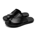 Men's premium black PU leather thong sandals with anti-slip sole for summer outdoor wear - 38 / Black