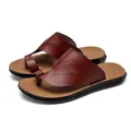 Men's dark brown PU leather flip-flops with decorative ethnic stitching and non-slip black sole - 38 / Burgundy