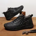 Men's black mid-top Martin boots with crocodile pattern leather and side zipper - 38 / Black