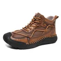 High-top brown outdoor casual men's boots with decorative stitching and thick sole - 38 / Tan