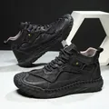 Men's durable black mid-top outdoor leather boots with rugged soles and mesh detail - 38 / Black (8850CG)