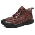Stylish men's brown high-top outdoor casual boots with durable handmade stitching details - 38 / Deep Brown