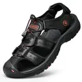 Sturdy black men's closed-toe outdoor sandals with breathable hollow-out design and red accents - 38 / Black