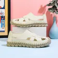 Cream white breathable hollow-out summer shoes with hand-stitched rubber sole for women - 38 / White