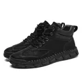 Men's black high-top outdoor leather boots featuring a rugged sole and warm plush lining - 38 / Black