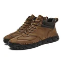 Men's high-top brown leather Martin boots with warm fleece lining and rubber sole - 38 / Brown