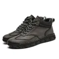 Casual high-top men's Martin boots in dark grey textured leather with durable geometric sole - 38 / Gray