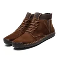 Detailed side view of men's brown suede outdoor casual boots with knit ankle collar - 38 / Regular Style (7009) / Brown