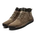 Side view of brown suede men's outdoor boots with knitted collar and thick sole - 38 / Regular Style (7009) / Khaki