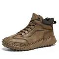 Men's high-top brown leather outdoor casual boots featuring non-slip textured rubber sole - 38 / Brown (Plush)