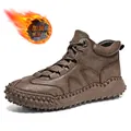Warm men's brown fleece-lined high-top leather outdoor casual boots with anti-slip sole - 38 / Fleece-lined Style (8859) / Brown
