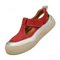 Stylish red and silver platform closed-toe sandals with cutouts and Velcro strap. - 38 / Red