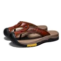 Premium men's brown leather flip-flops with rubber sole and contrast yellow detail - 38 / Red Brown