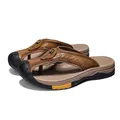 Casual men's outdoor leather thong sandals with protective toe cap in brown finish - 38 / Khaki