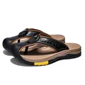 Men's outdoor beach flip-flops with premium cowhide leather straps and non-slip thick soles - 38 / Black