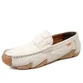 Men's white leather driving loafers with crocodile texture and flexible brown sole - 38 / Crocodile Pattern Loafers (0966) / Off White