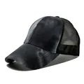 Detailed view of black tie-dye mesh trucker baseball cap showing breathable fabric - Adjustable / Black